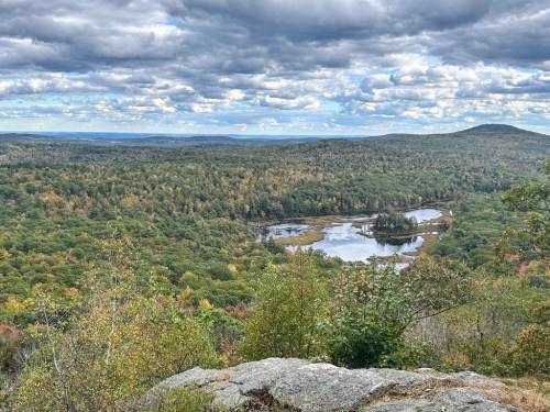 A scenic view of a forested landscape with a winding river and cloudy sky, showcasing autumn colors.