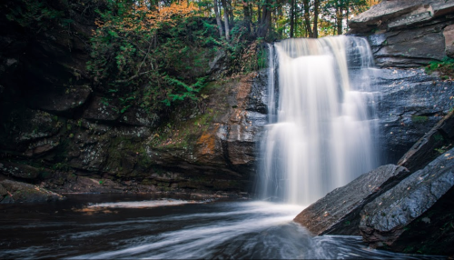 A serene waterfall cascades over rocks, surrounded by lush greenery and autumn foliage.