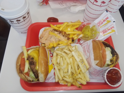 A red tray with two burgers, fries, a drink, and condiments, featuring a cheeseburger and a burger with special sauce.