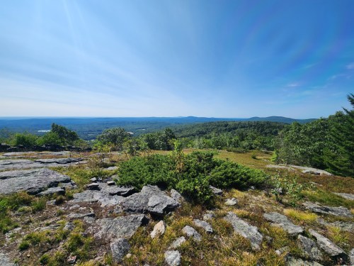 A panoramic view of a lush green landscape with rocky outcrops under a clear blue sky.