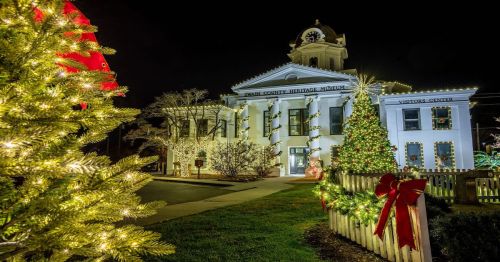 A historic building adorned with festive lights and Christmas trees, surrounded by holiday decorations at night.