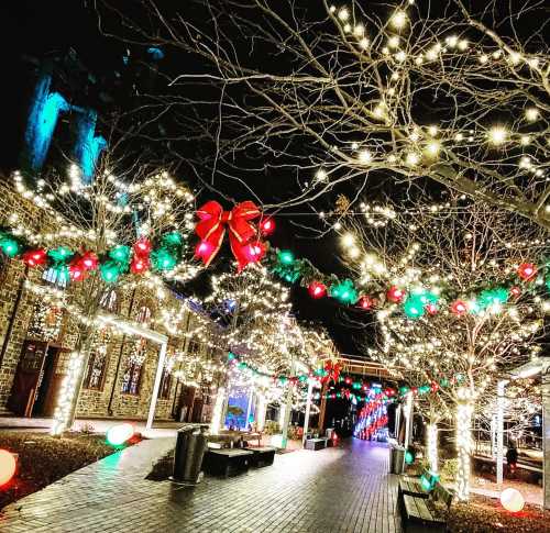 A festive walkway adorned with colorful lights, bows, and decorations, creating a cheerful holiday atmosphere at night.