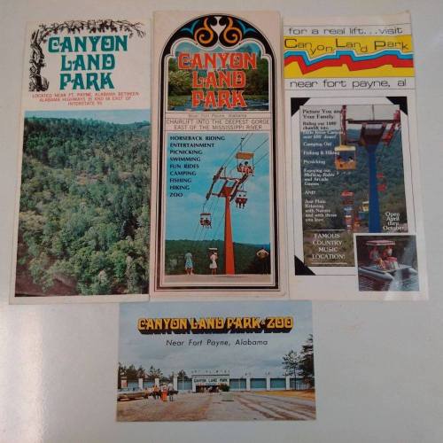 Brochures and a postcard for Canyon Land Park and Zoo near Fort Payne, Alabama, featuring attractions and activities.
