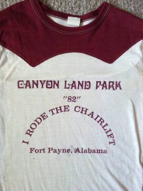 A vintage T-shirt featuring "Canyon Land Park '82" and "I Rode the Chairlift" text, from Fort Payne, Alabama.