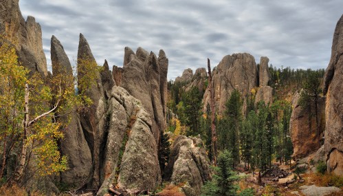 A rugged landscape featuring towering rock formations and dense evergreen trees under a cloudy sky.