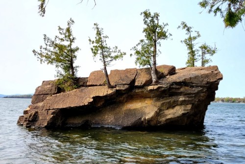 A rocky island with small trees on top, surrounded by calm water and a clear sky in the background.