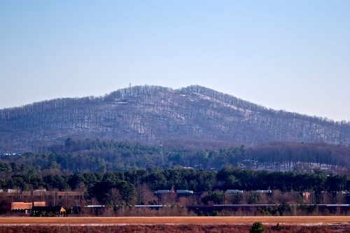 A snow-dusted mountain rises above a tree line, with a clear blue sky in the background.