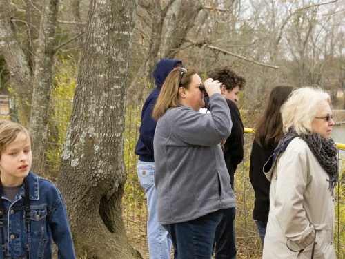 A group of people, including children and adults, stand by a fence in a wooded area, observing something in the distance.