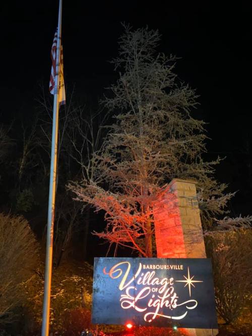 Sign for "Village of Lights" in Barbourville, illuminated at night, with a flag and a tree in the background.