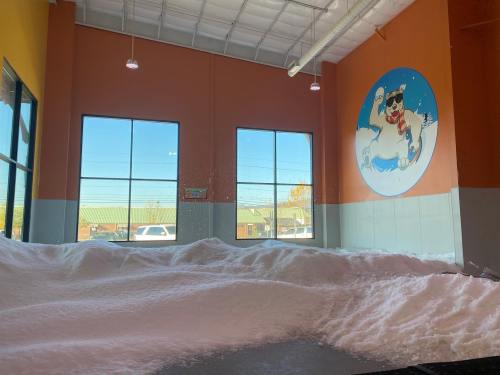 A spacious room with large windows, featuring a mural of a dog and a thick layer of snow-like material on the floor.