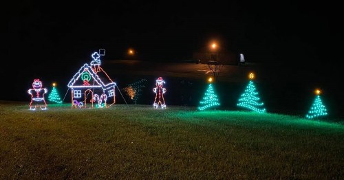 Colorful holiday lights display featuring a house, trees, and festive characters in a dark outdoor setting.