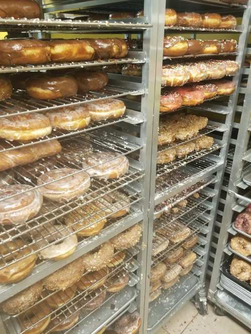 Racks filled with various donuts, including glazed, chocolate, and sprinkled varieties, in a bakery setting.