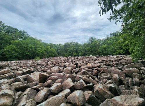 A rocky landscape covered in large boulders, surrounded by lush green trees under a cloudy sky.