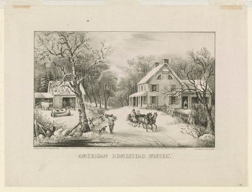 A winter scene depicting a homestead with a house, barn, and people on horseback in a snowy landscape.