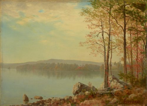 A serene landscape painting featuring a calm lake, trees, and distant hills under a soft sky.