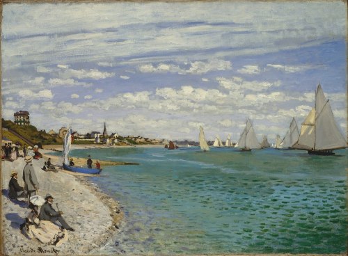 A coastal scene with sailboats on the water, people on the shore, and a blue sky with fluffy clouds.