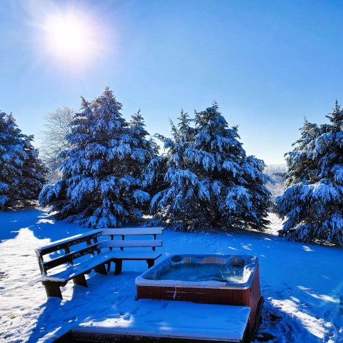 A snowy landscape featuring evergreen trees, a hot tub, and a bench under a bright sun in a clear blue sky.