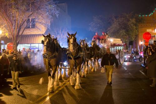 A festive parade scene with Clydesdale horses pulling a decorated wagon, surrounded by onlookers and evening lights.