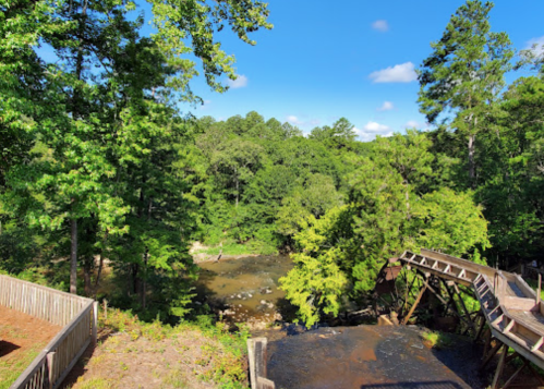 A scenic view of a river surrounded by lush green trees under a clear blue sky.