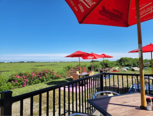 A scenic view from a deck with red umbrellas, overlooking a green landscape and blue sky.