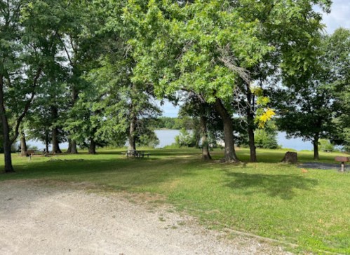A serene park scene with trees, a grassy area, and a view of a lake in the background under a partly cloudy sky.
