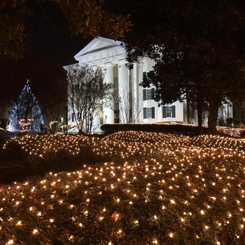 A beautifully lit house at night, surrounded by glowing lights and a decorated tree in the foreground.