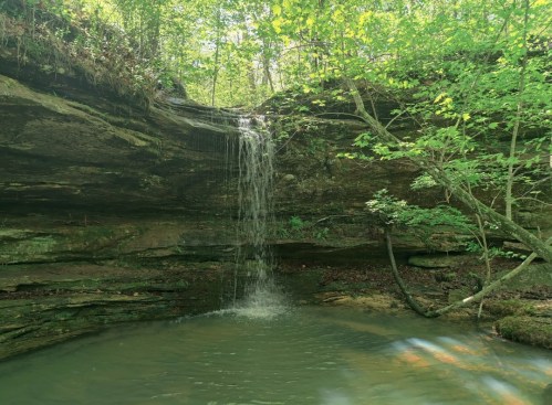 A serene waterfall cascading over rocks into a calm pool, surrounded by lush green trees and foliage.