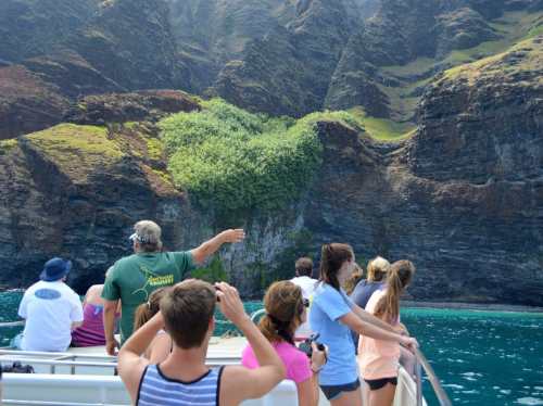 A group of people on a boat admire lush green cliffs and turquoise waters in a scenic coastal landscape.