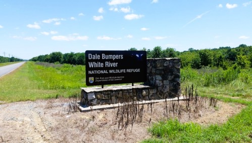 Sign for Dale Bumpers White River National Wildlife Refuge, set against a grassy landscape and blue sky.
