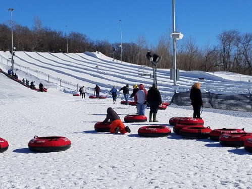 People enjoying a snow tubing hill on a sunny day, with red tubes scattered on the snowy slope.
