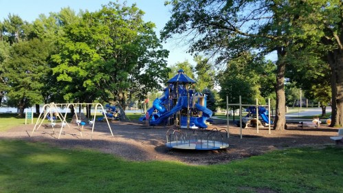 A playground with blue slides, swings, and a merry-go-round, surrounded by trees and green grass.