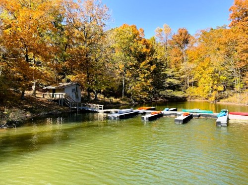 A serene lake surrounded by autumn trees, with colorful boats docked and a small cabin nearby.