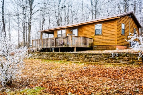 A wooden cabin with a front porch, surrounded by frosty trees and fallen leaves in a winter landscape.