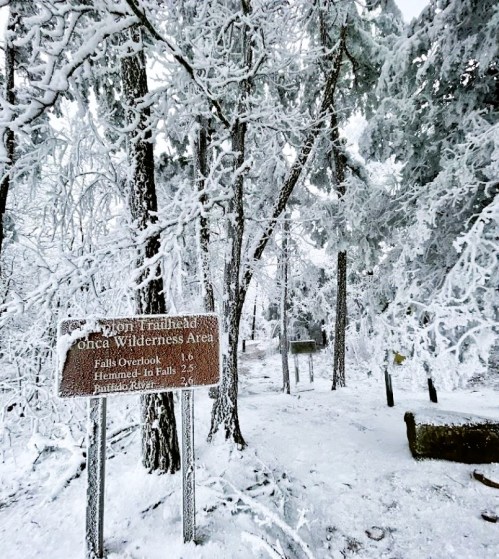 Snow-covered trail sign in a winter landscape, surrounded by frosted trees in a wilderness area.