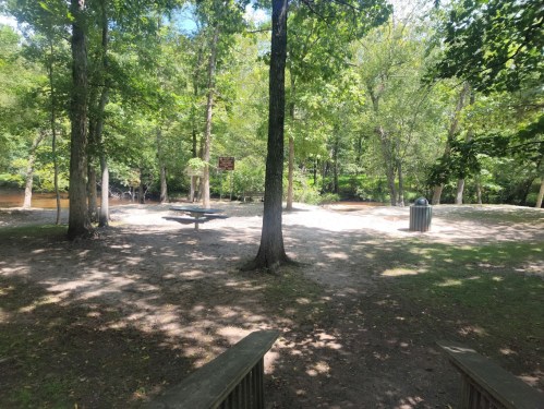 A serene park scene with trees, a sandy area, a picnic table, and a river in the background under a clear blue sky.