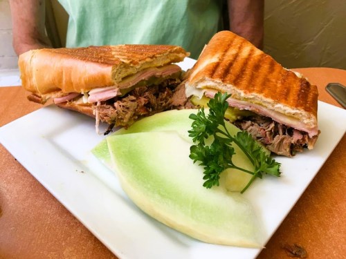 A plate with two toasted sandwiches filled with meats and pickles, accompanied by a slice of melon and a sprig of parsley.