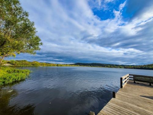 A serene lake view with a wooden dock, surrounded by lush greenery and under a cloudy sky.