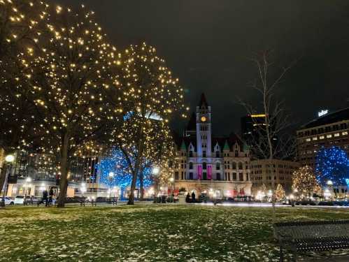 A park at night adorned with festive lights, featuring a historic building in the background and snow on the ground.