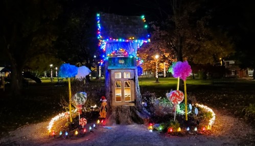 A whimsical treehouse decorated with colorful lights and candy-themed ornaments, set in a park at night.