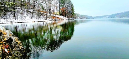 A serene winter landscape with snow-covered trees reflecting in calm water, creating a peaceful atmosphere.