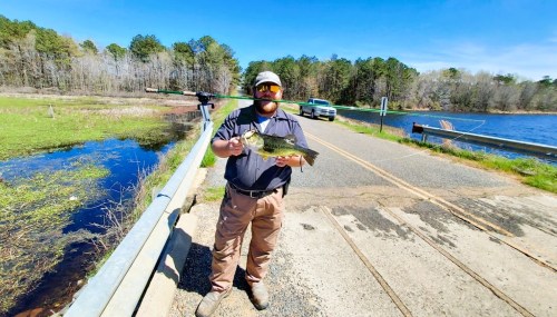 A person stands by a road holding a large fish, with a lake and trees in the background on a sunny day.