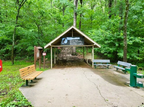 A covered shelter in a green forest, with benches and a sign, surrounded by trees and a paved path.