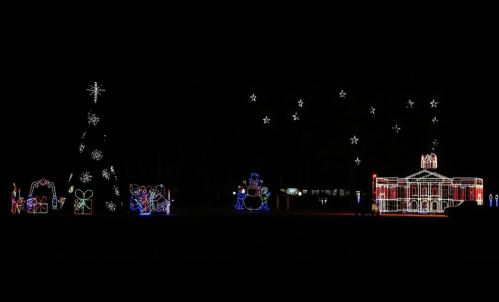 Colorful holiday lights display featuring a tree, snowman, gifts, and a building, all set against a dark night sky.