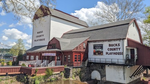 Historic Bucks County Playhouse building by the river, featuring red and white architecture under a blue sky.
