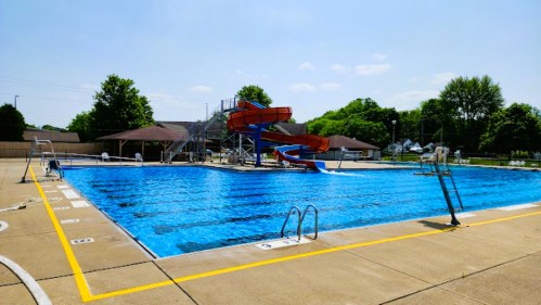 A sunny outdoor swimming pool with a water slide, diving board, and lounge area surrounded by green trees.