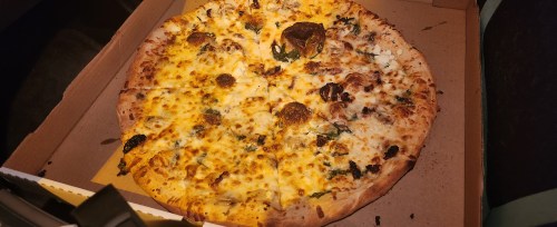 A large pizza with melted cheese, toppings, and a slightly burnt crust, placed in a pizza box.
