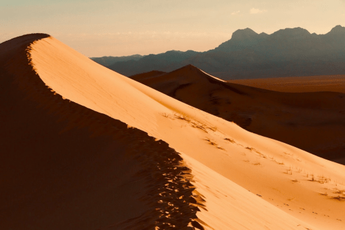 A serene desert landscape with golden sand dunes and distant mountains under a soft sunset glow.