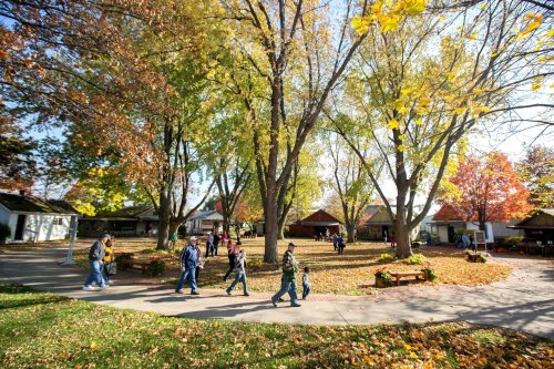 People walking through a park with colorful autumn trees and scattered leaves on the ground.