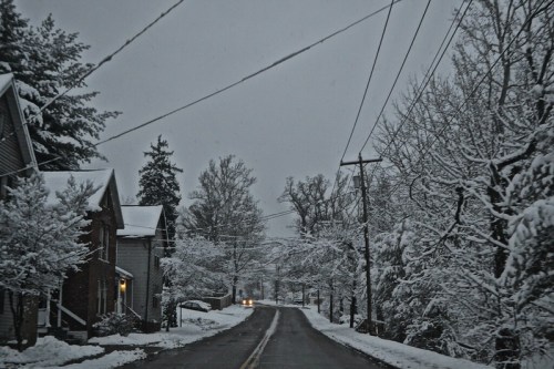 A snowy street lined with trees and houses, under a gray sky, with power lines overhead and a distant car's headlights.