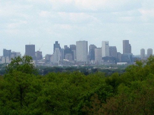 A city skyline with tall buildings, partially obscured by green trees under a cloudy sky.